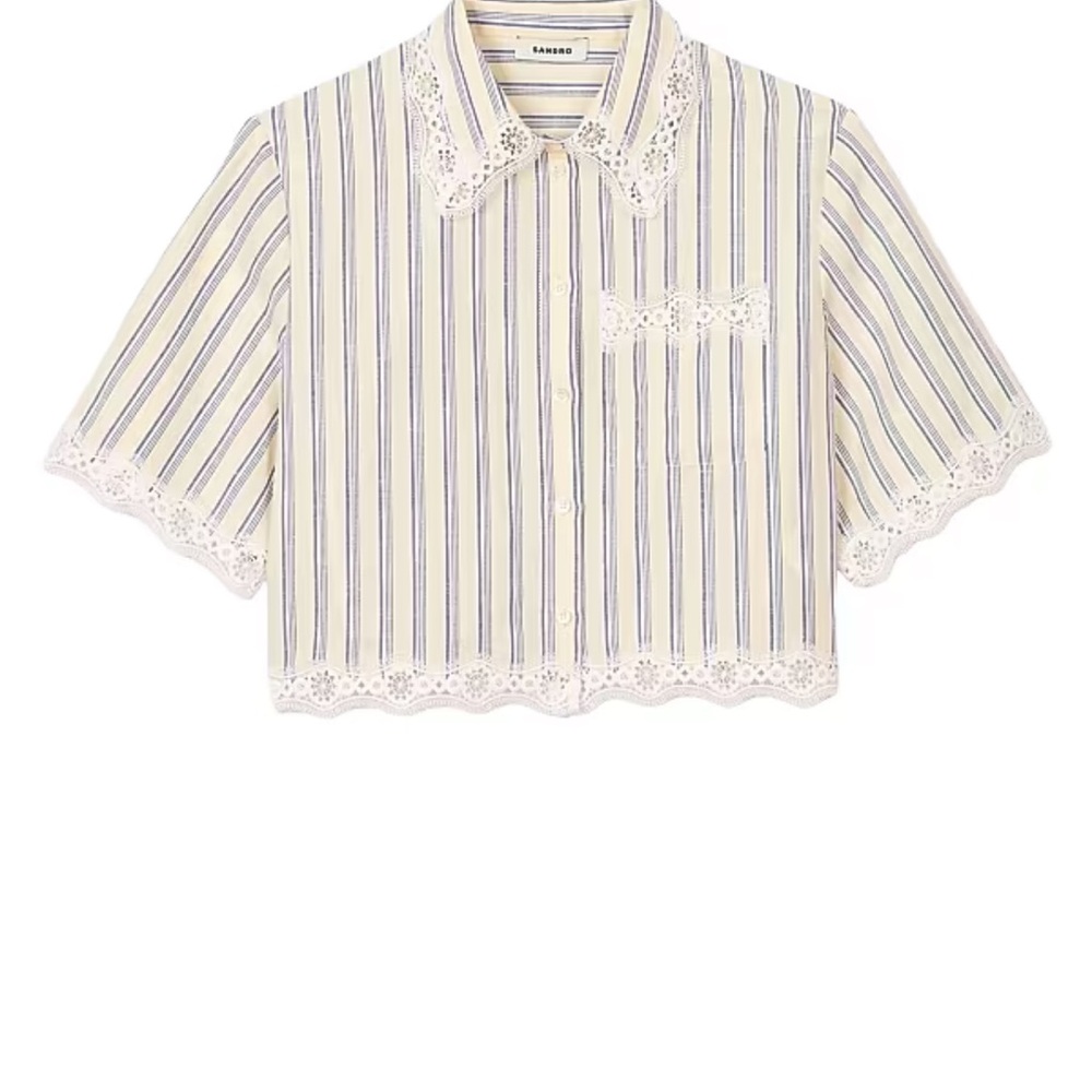 Sandro Yellow and Blue Striped Cropped Button-Down Shirt - Picture 2 of 4
